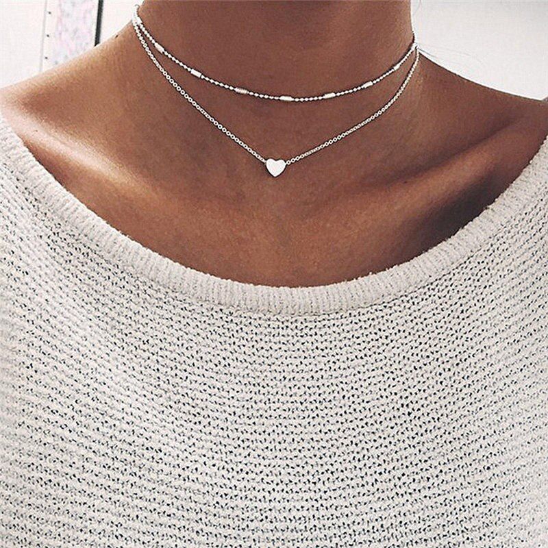 New Multilayer Fashion Heart Leaf Moon Pendant Necklace Crystal Necklace Women Holiday Beach Statement Jewelry Wholesale