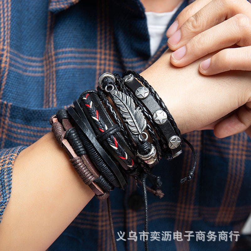 5 pieces/ lot Feather Pentagram Multiple Layers Leather Bracelets Men Classic Rope Chain Charms Bracelet