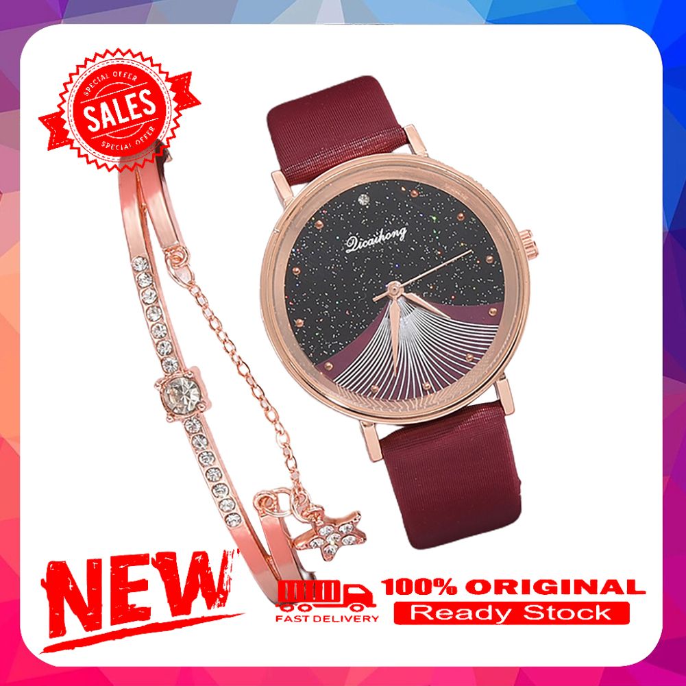 XR4437 Women Round Dial Starry Stars Design Analog Quartz Watch Star Bracelet Set