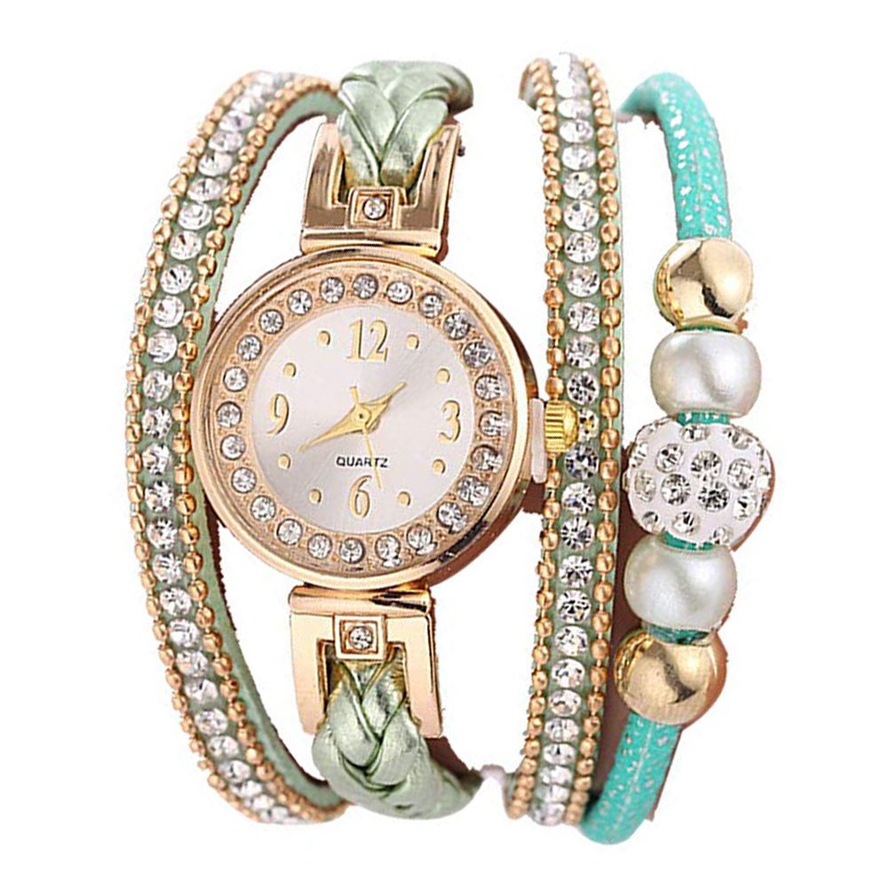 Women Rhinestone Bead Round Dial Snap Button Multi Layer Bracelet Quartz Watch