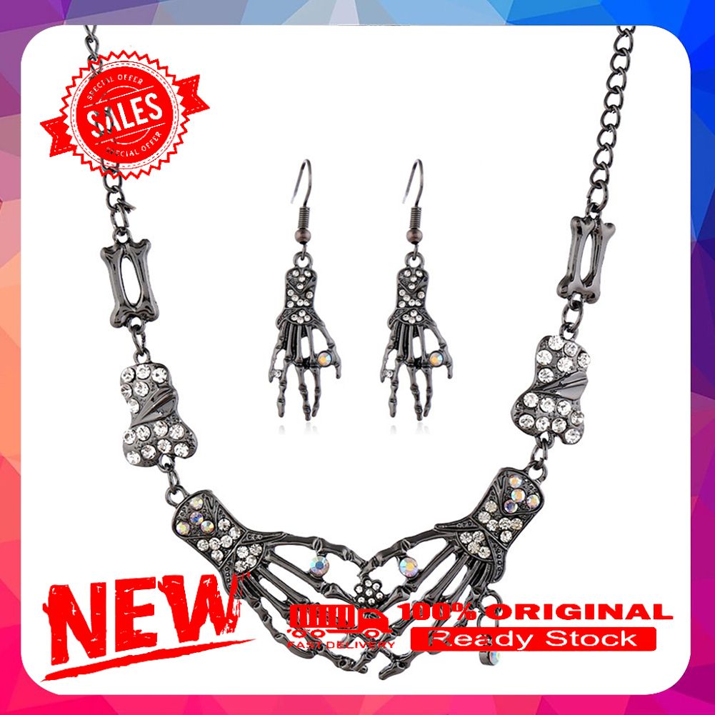 Alloy Rhinestone Skeleton Hand Pendant Chain Necklace Hook Earrings Jewelry Set