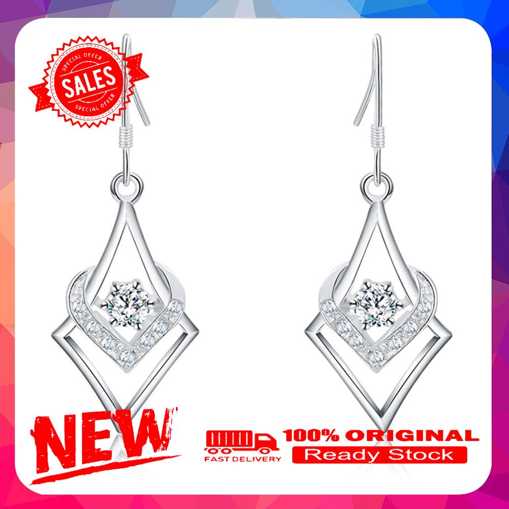 Women Silver Plated Hook Dangle Earrings Square with Zircon Heart Eardrops