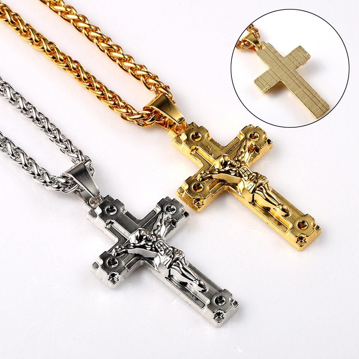 Men's 14k Gold Accessories Plated High Fashion Cross "012" Pendant 5mm 24" Inch Figaro chain - silvery