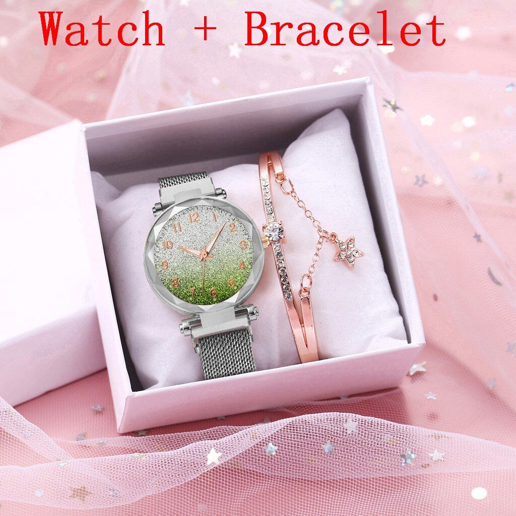 Women Magnet Buckle Gradient Luminous Arabic ers Watch Luxury Ladies Silver Mesh Quartz Bracelet Watches Set For Gift Clock