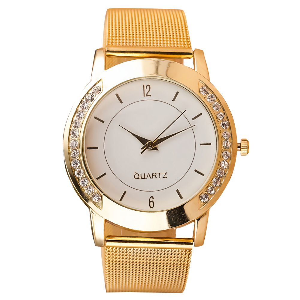 Fashion Women Rhinestone Inlaid Round Dial Mesh Band Analog Quartz Wrist Watch