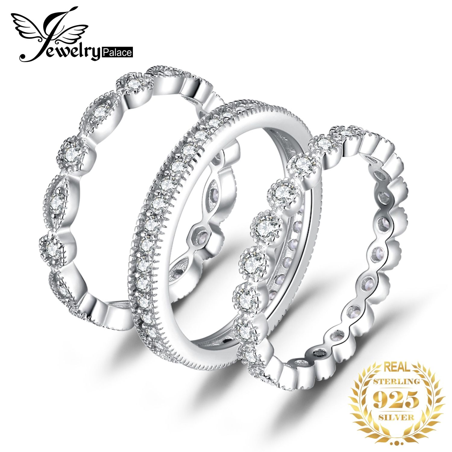 Jpalace Wedding Rings Sets 925 Sterling Silver Rings for Women Anniversary Eternity Stackable Band Ring Set Silver 925 Jewelry
