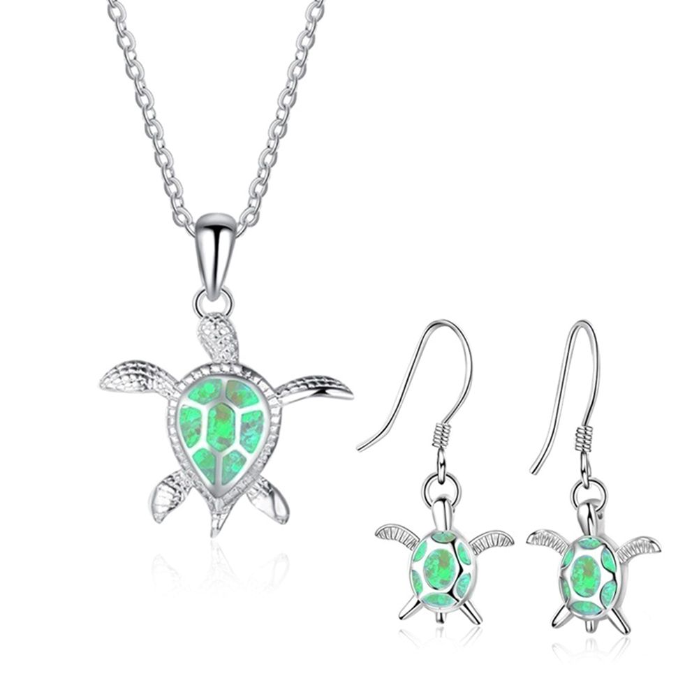 Fashion Faux Opal Inlaid Turtle Pendant Necklace Hook Earrings Women Jewelry Set