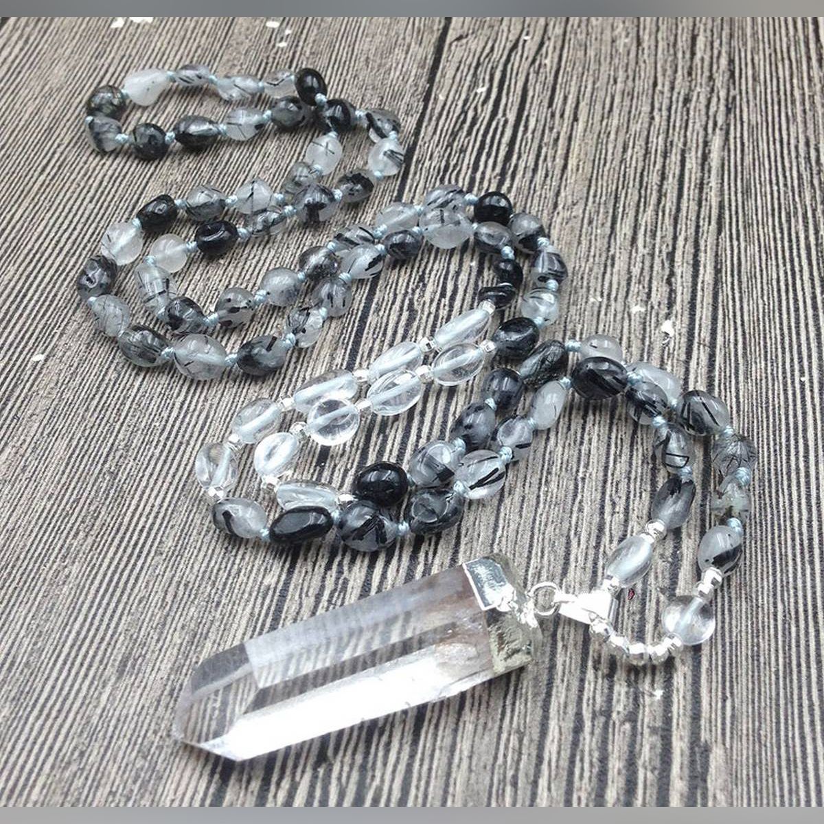 YA3025 Rough Quartz Pendant Black Rutilated Quartz Nuggets Beads Knot Necklace