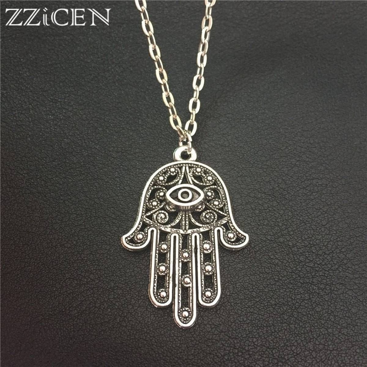 New Good Luck Protection Turkish Hamsa Symbol Fatima Hand Evil Eye Pendant Long 70cm Metal Chain Necklace Women Men Lucky Amulet
