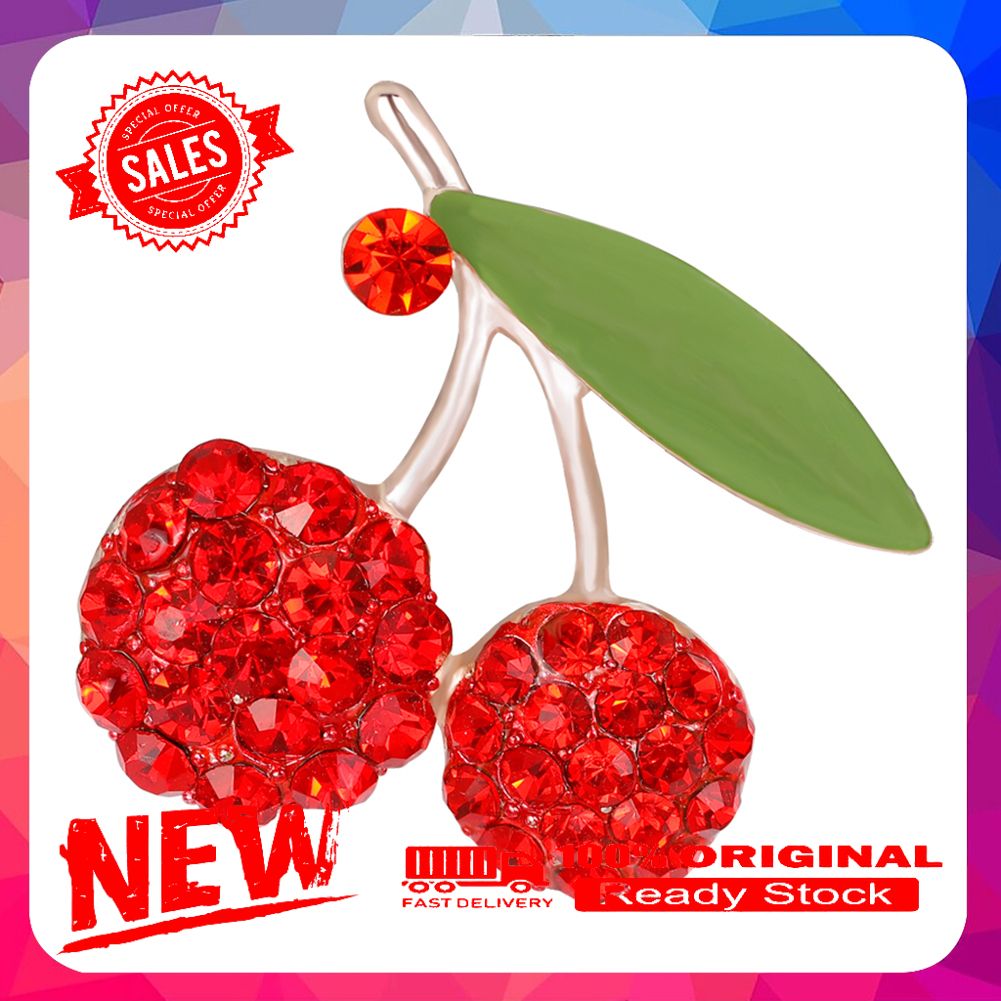 Women's Gorgeous Cute Red Rhinestone Cherry Leaf Fruit Brooch Pin Accessory