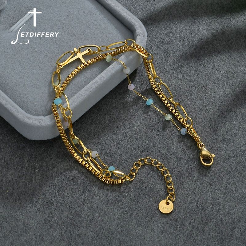 Letdiffery Vintage 3-Layers Beads Bracelets Stainless Steel Cross Jewelry Birthday Gifts for Women