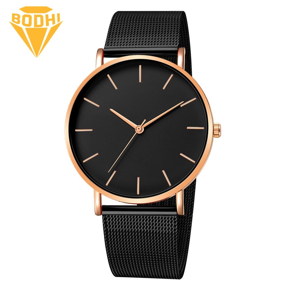 BODHI Fashion Men Ultra Thin Mesh Band Round Dial No Number Analog Quartz Wrist Watch