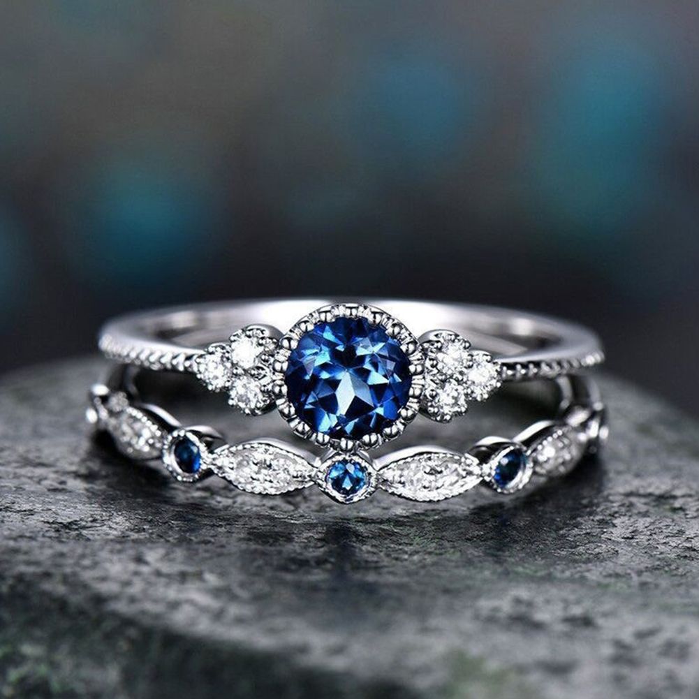 2Pcs/Set Women Rhinestone Round Cut Cubic Zirconia Finger Ring Wedding Jewelry