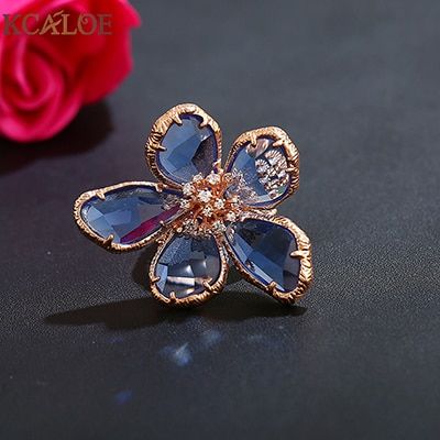 KCALOE Luxury Blue Transparent Crystal Big Flowers Rings For Women Rhinestone Wedding Engagement Ring Fashion Jewelry Anel