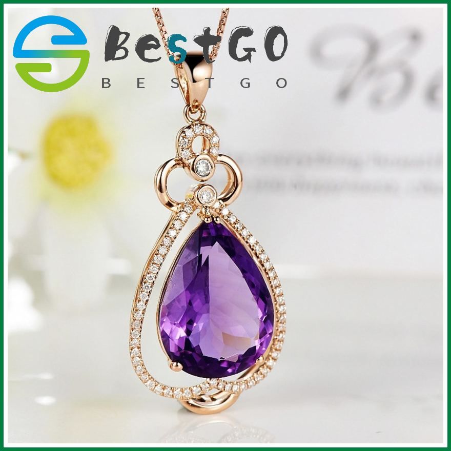 New Synthetic Drop Pear Shape Amethyst Pendant K-Rose Gold Plated Color Stone Pendant With Diamonds