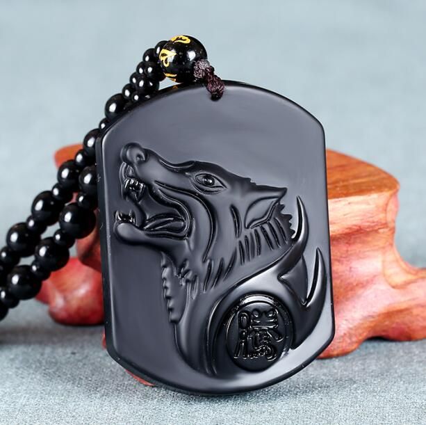1 pcs Natural Obsidian Carved Totem Wolf Head Shape Charms Beaded Rope Pendant Necklace For Fashion Men&Women Jewelry