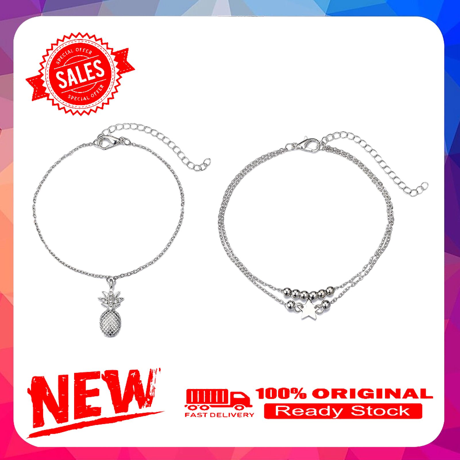 2Pcs/Set Star Pineapple Pendant Women Anklets Alloy Beads Multilayer Beach Anklets Foot Accessories
