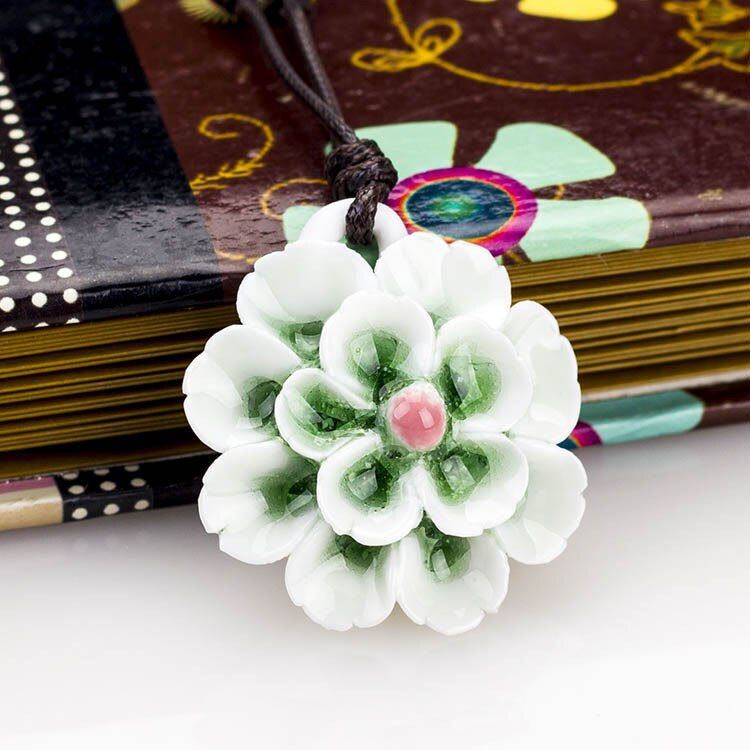 Vintage Style Blue and White Ceramic handmade Lotus Flower Pendant Necklace Chinese Style Ethnic Style Long Necklace Women Lady