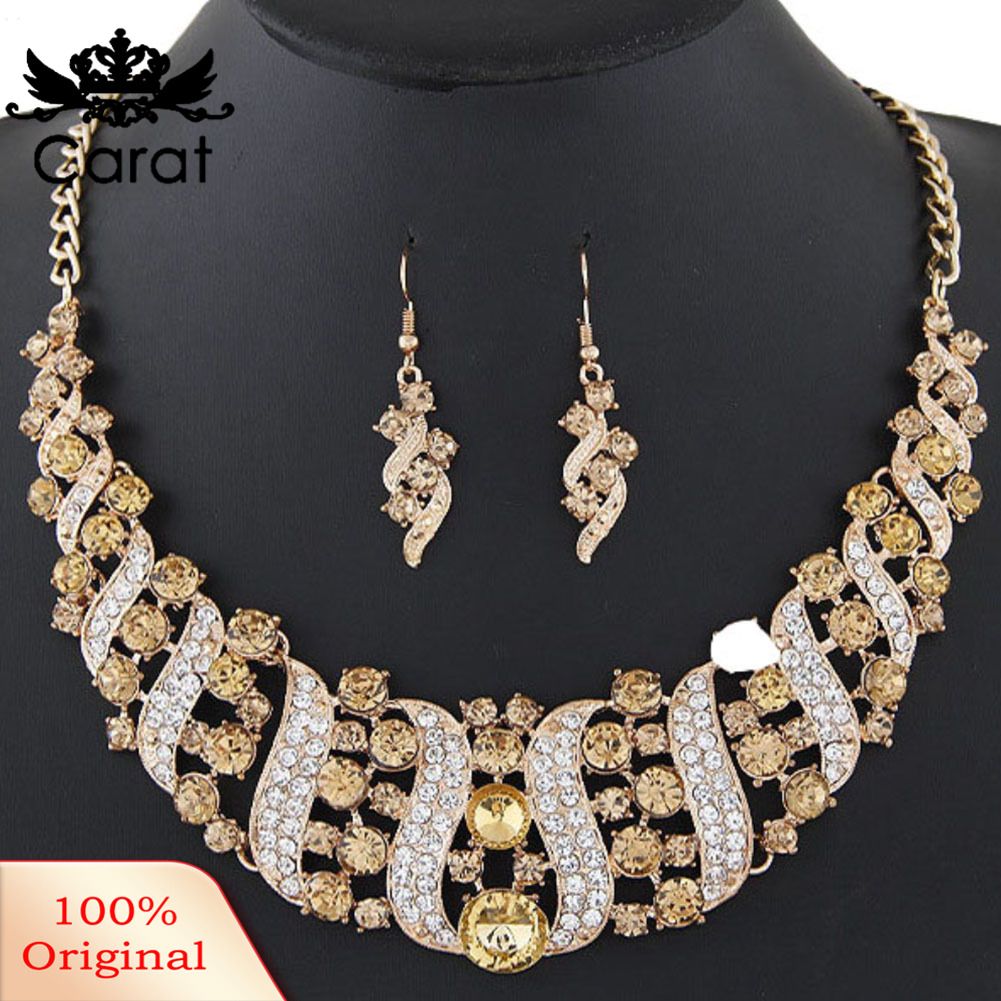 Carat Rhinestone Inlaid Chain Necklace Hook Earrings Bridal Wedding Party Jewelry Set