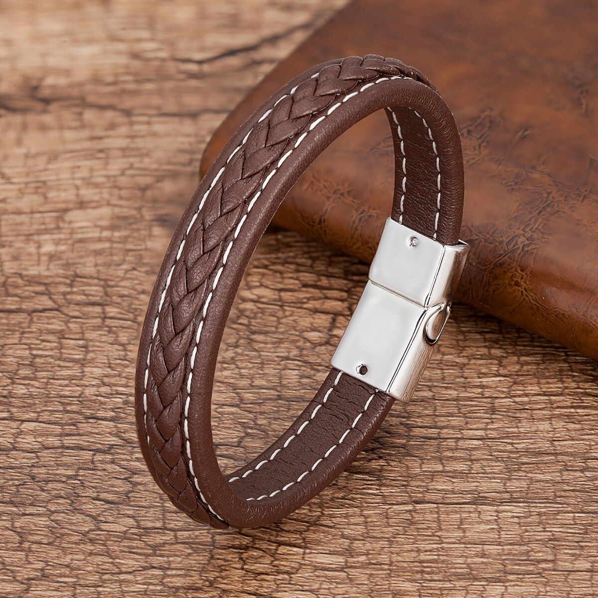 Punk Men Jewelry Red Black Braided Leather Bracelet Metal Magnetic Buckle Bracelets Male Wrist Band Pulsera Hombre