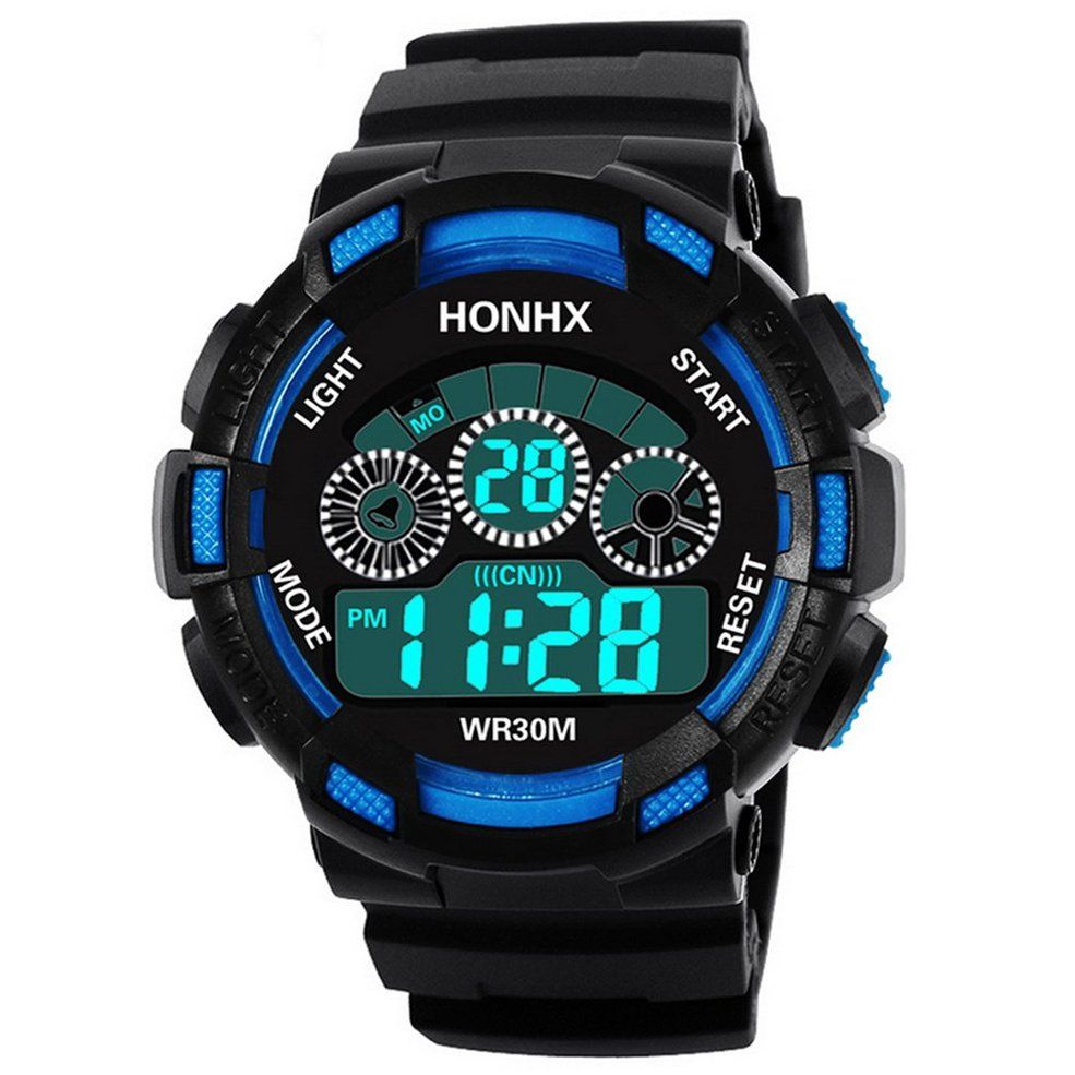 Men LED Digital Military Watch Rubber Quartz Watch Waterproof Sports Watches-Black blue