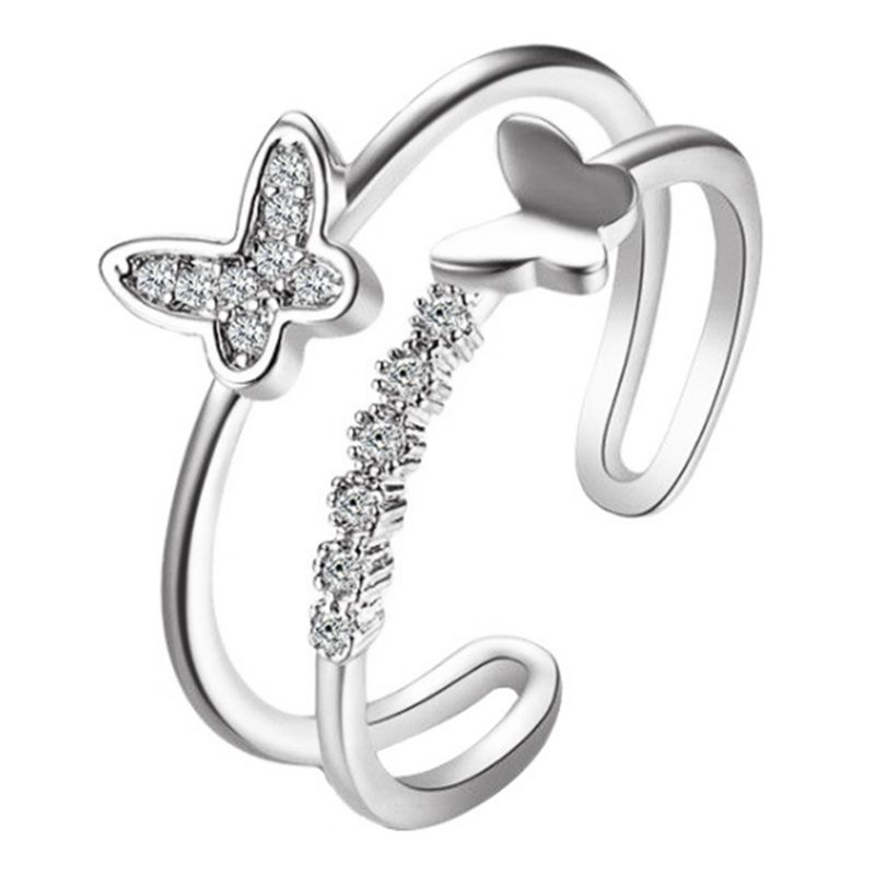 Fashion Double Butterfly Ring Mini Pave Crystal Anniversary Rings for Women Girls Silver