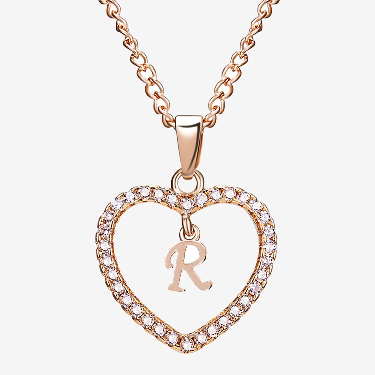 Shining Rhinestone Women Necklace Alloy 26 Letters Heart Pendant Necklace Jewelry Accessories