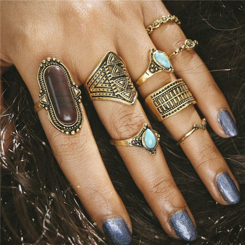 Yobest 33 Styles Women Bohemian Vintage Crown Wave Flower Heart Lotus Star Crystal Opal Joint Ring Party Jewelry Ring Set