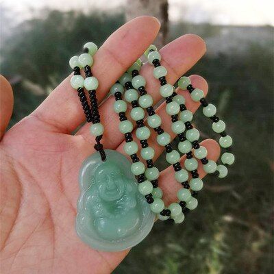 Higt Quality!Obsidian Buddha Green&White Pendant With Beaded Luck Necklace Imitation Necklace Women Best Gifts(null)