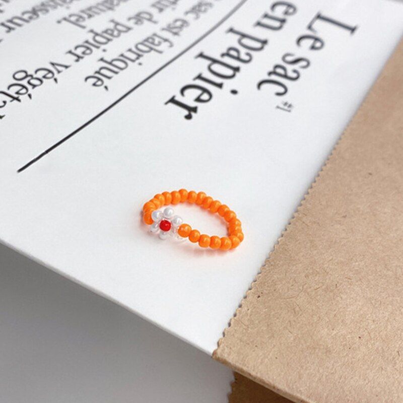 HUANZHI 2020 New Vintage Transparent Colorful Bead flower Double Layer Elastic Rings for Women Girls Jewelry Party Gifts