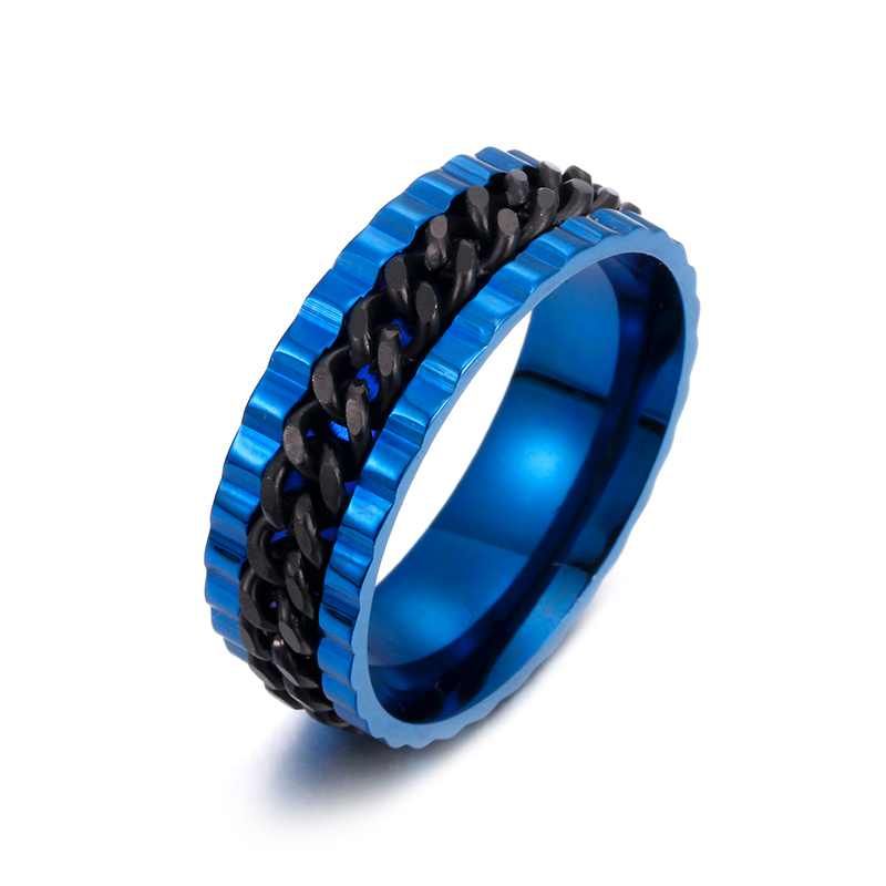 8mm Men's Ring Cool Black Rotating Link Ring Gear Texture Chain Ring Stainless Steel Punk Locomotive Jewelry Male Union Jewelry