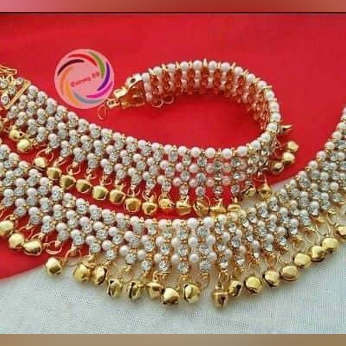 Golden Metal-Anklet with Pearl, stone & Ghungroo for Women (Pack of 2)