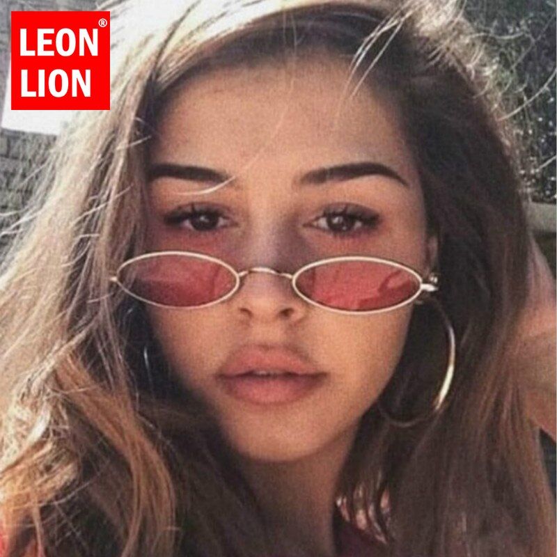 GoldRedLEONLION 2019 Small Oval Sunglasses For Men Male Retro Metal Frame Yellow Red Vintage Small Round Sun Glasses For Women