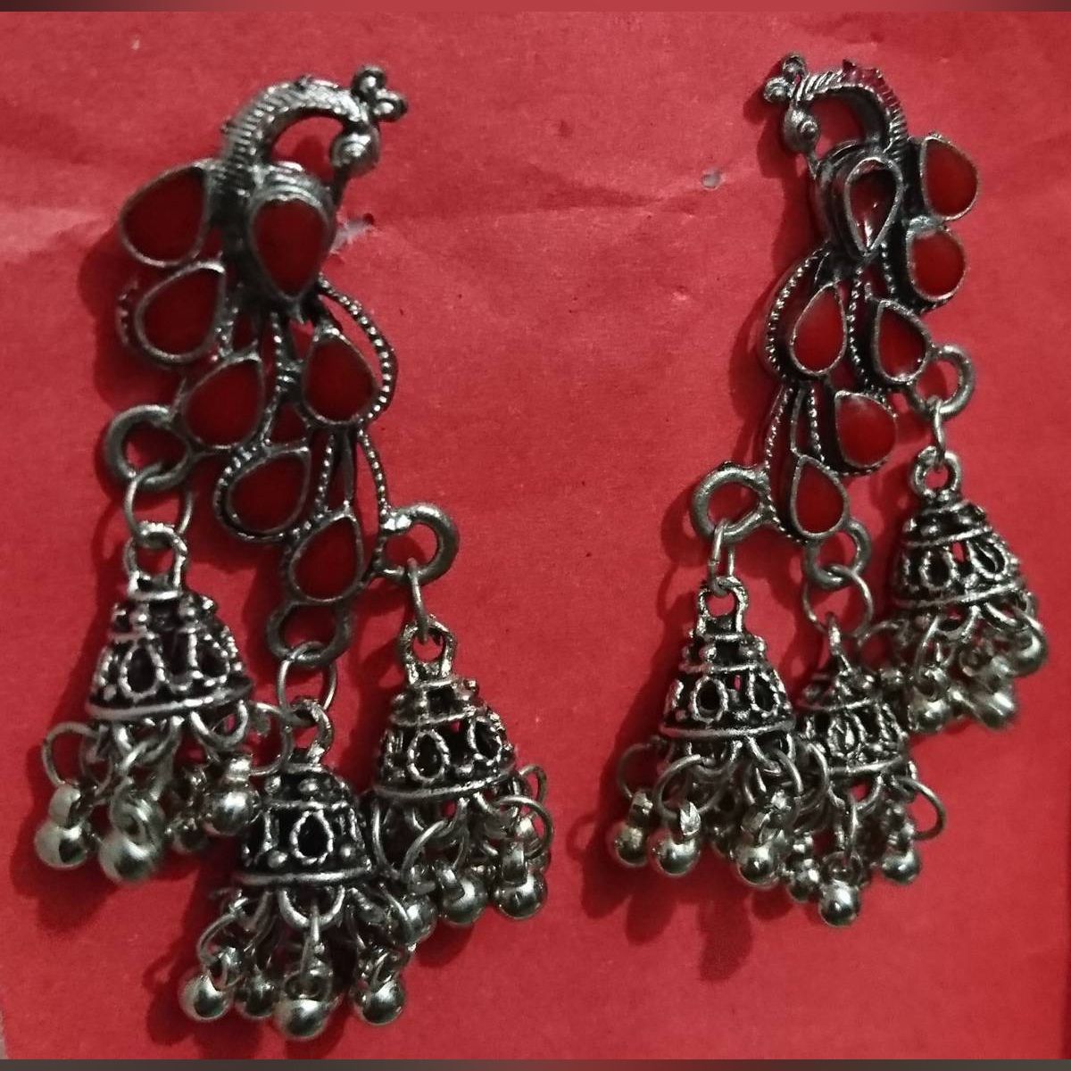 Red Stone Moyur Ear Rings Jhumka for Women and Girls