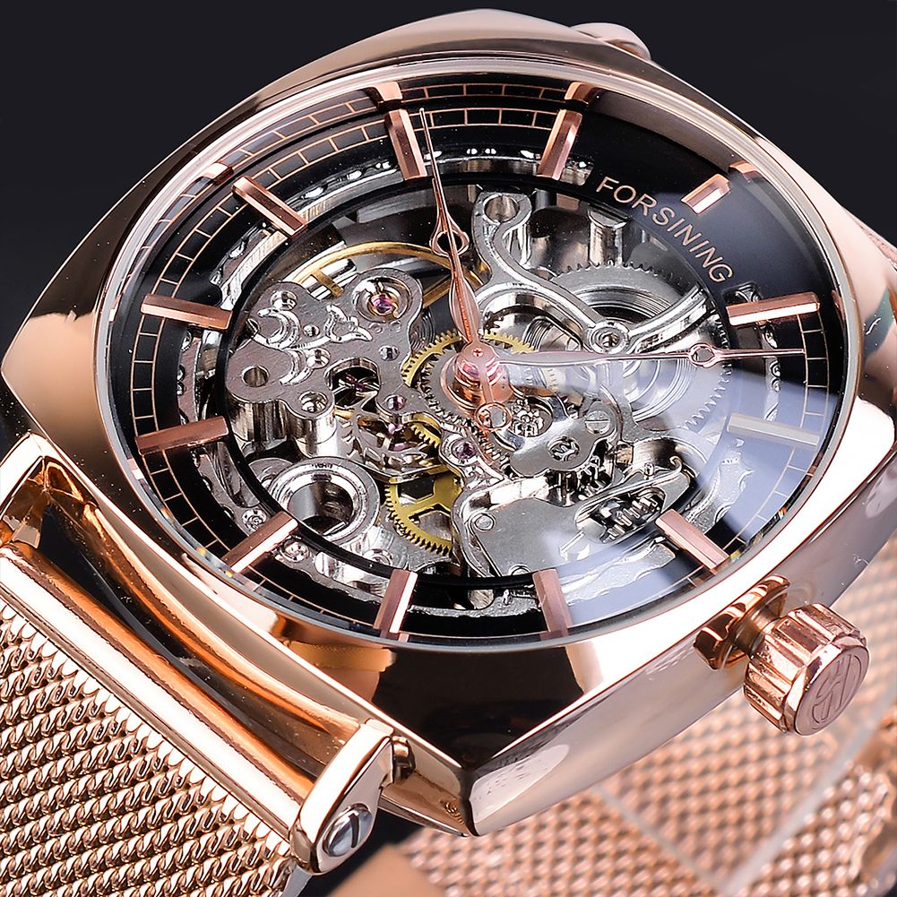 Yfashion Men Auto Mechanical Watch Skeleton Dial Waterproof Stainless Steel Sport Wristwatch