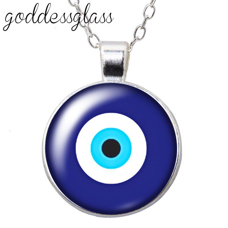 Evil eye Blue religion symbol beauty Round Pendant Necklace Glass Cabochon Silver color Jewelry Women Party Birthday Gift