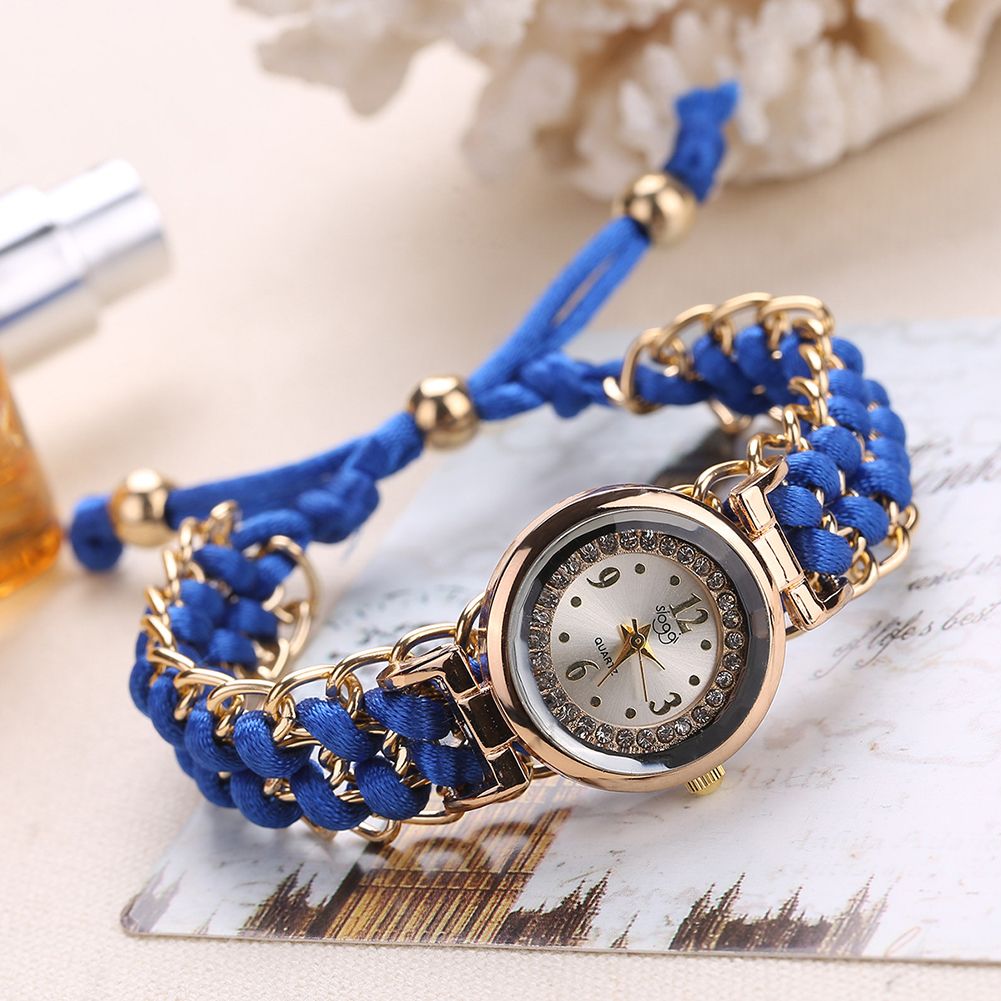 OIMG Fashion Women Rhinestone Braided Rope Band Bracelet Quartz Analog Wrist Watch