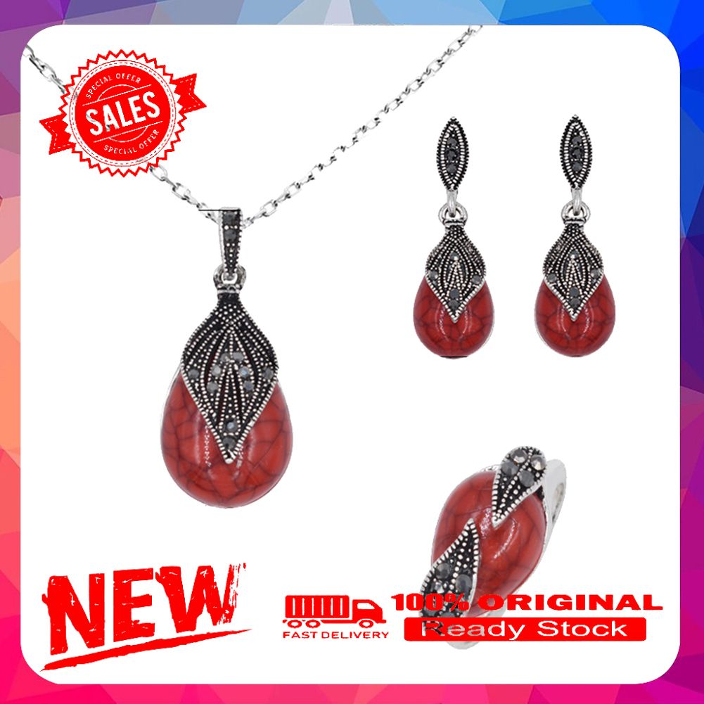 Leaf Water Drop Faux Turquoise Pendant Necklace Ring Earrings Women Jewelry Set