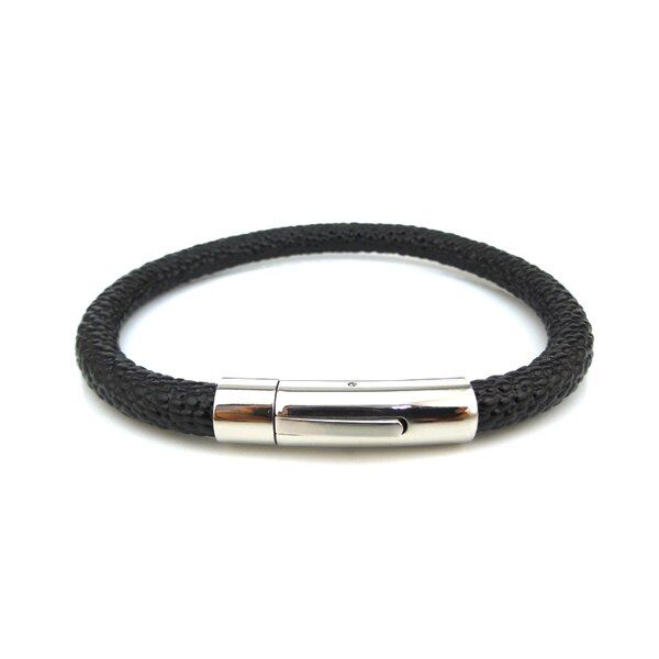 Mens Bangle Leather Braided Black Leather Bracelet with Stainless Steel Clasp