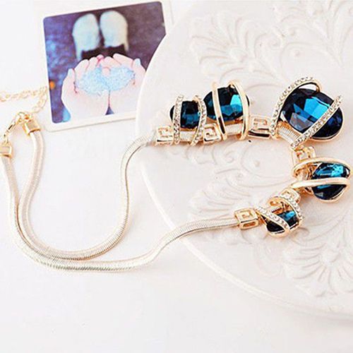Women Fashion Shiny Pendant Chain Choker Short Statement Bib Blue Necklace