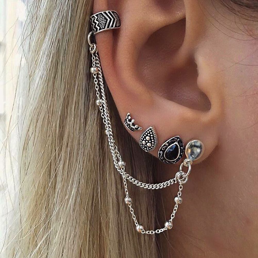 4 Pairs Ear Studs Set Retro eometry Chain Earrings Crown Water Drop Shape Stud Jewelry Set