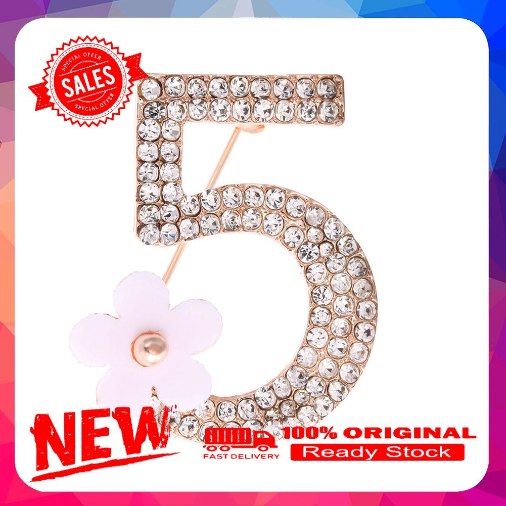 Women Fashion Number 5 Flower Rhinestone Brooch Pin Clothes Badge Jewelry Gift