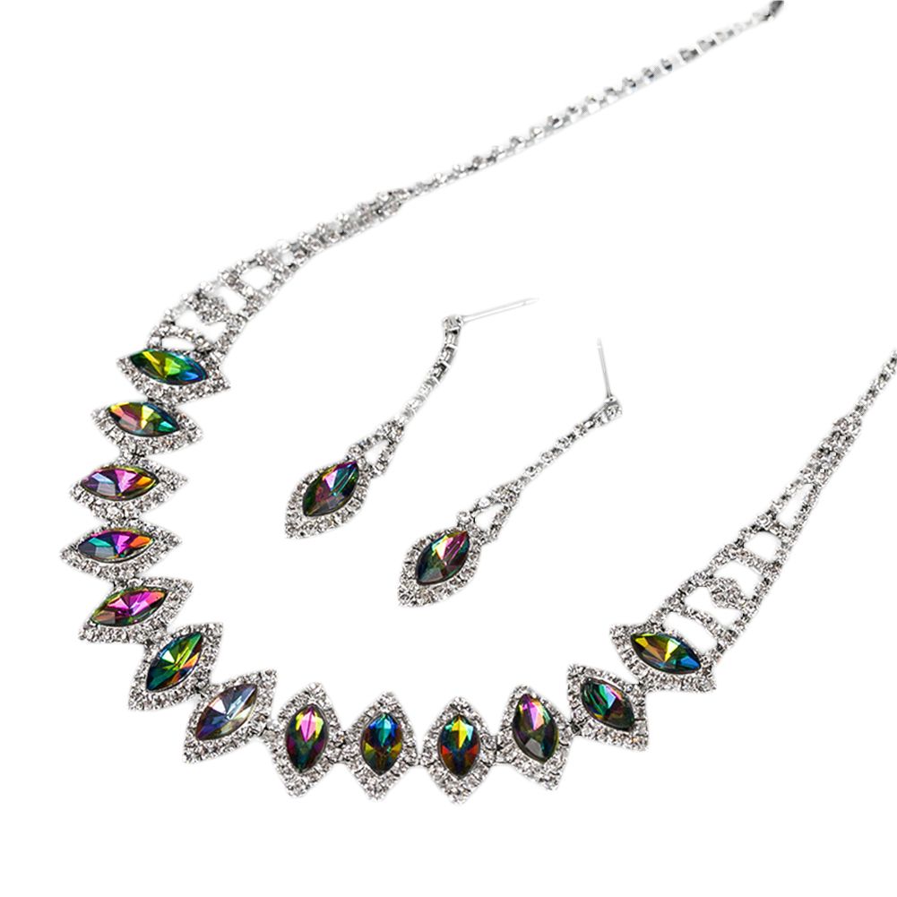 Rhinestone Teardrop Dangle Stud Earrings Necklace Wedding Bridal Jewelry Set