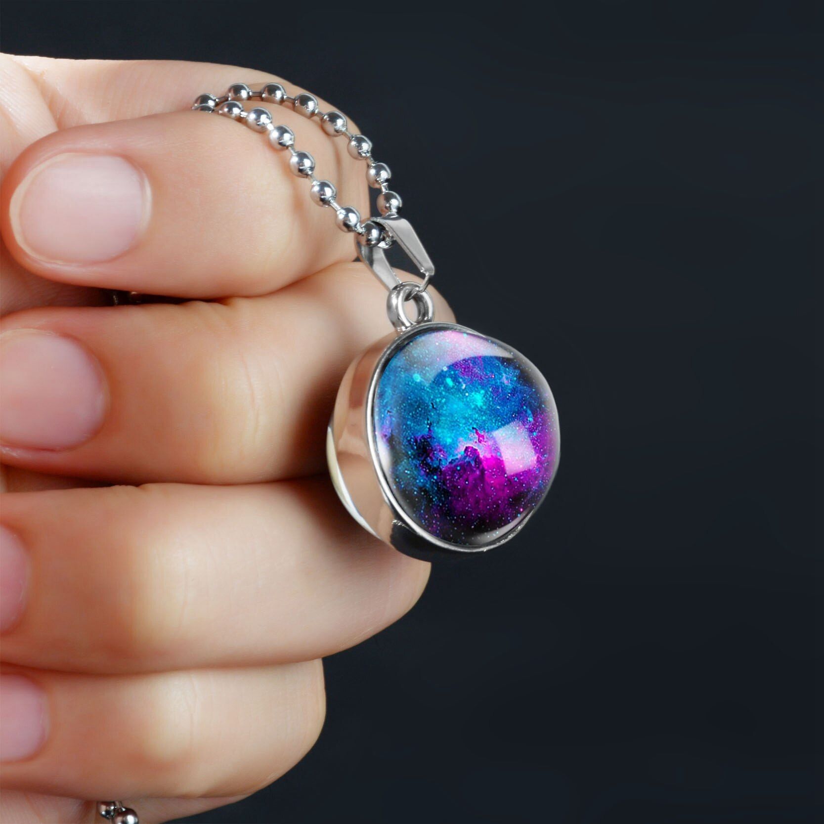 Galaxy Double Sided Necklaces Universe Outer Space Cabochon Glass Pendant Necklaces Jewelry Popcorn Chain For Women Men