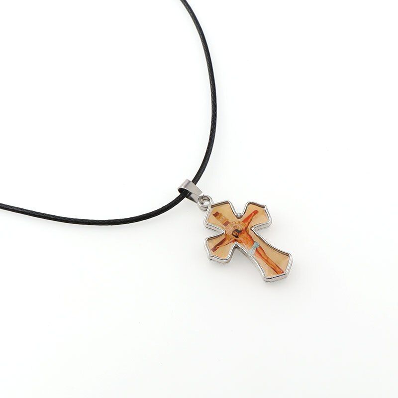 Double Enamel Divine Mercy Love Jesus Religion Motivational Crucifix Pendants and Black Rope Wire Cross Pendants Necklace 45cm