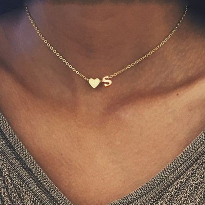 SMJEL Fashion Tiny Heart Initial Necklace Personalize Letter Name Choker Necklace For Women Pendant Jewelry Accessories Gift
