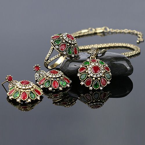 Women's Ethnic Vintage Style Rhinestone Choker Necklace Earring Ring Jewelry Set