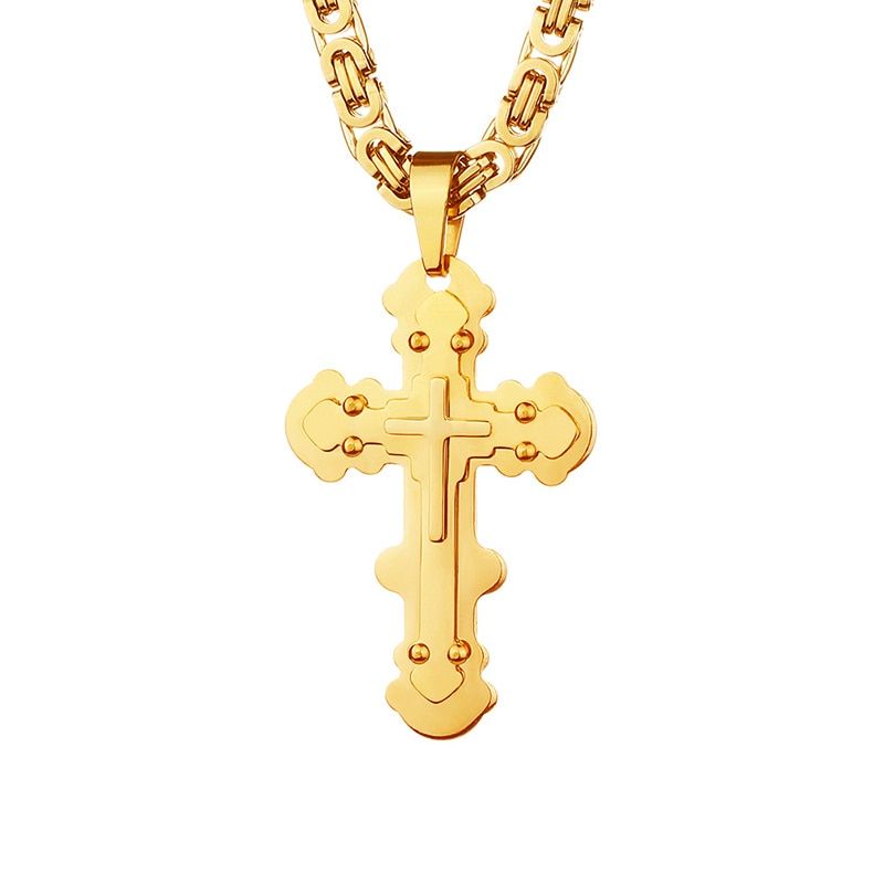 Multilayer Cross Christ Jesus Pendant Necklace Stainless Steel Link Byzantine Chain Heavy Men Jewelry Gift 21.65" 6mm MN78