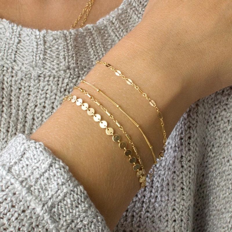 Multilayer Gold Coin Tube Lace Satellite Chain Bracelets for Women Simple Design Silver Color Jewelry Anklets A725 4PCS/SET