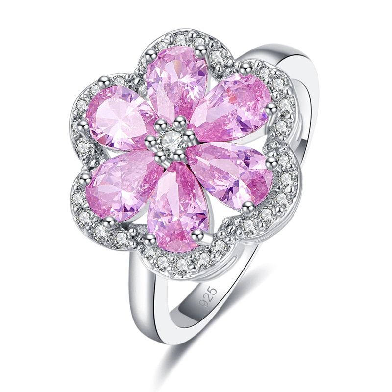 lingmei Wholesale Cluster Peridot Red Gold Purple Cubic Zircon Silver Color Ring Size 6-12 13 Women Jewelry Flower Design